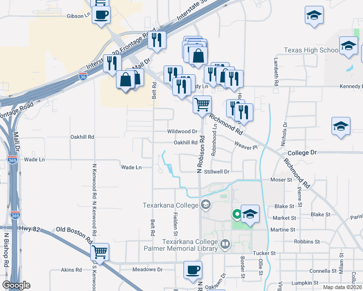 map of restaurants, bars, coffee shops, grocery stores, and more near 110 Oakhill Road in Texarkana