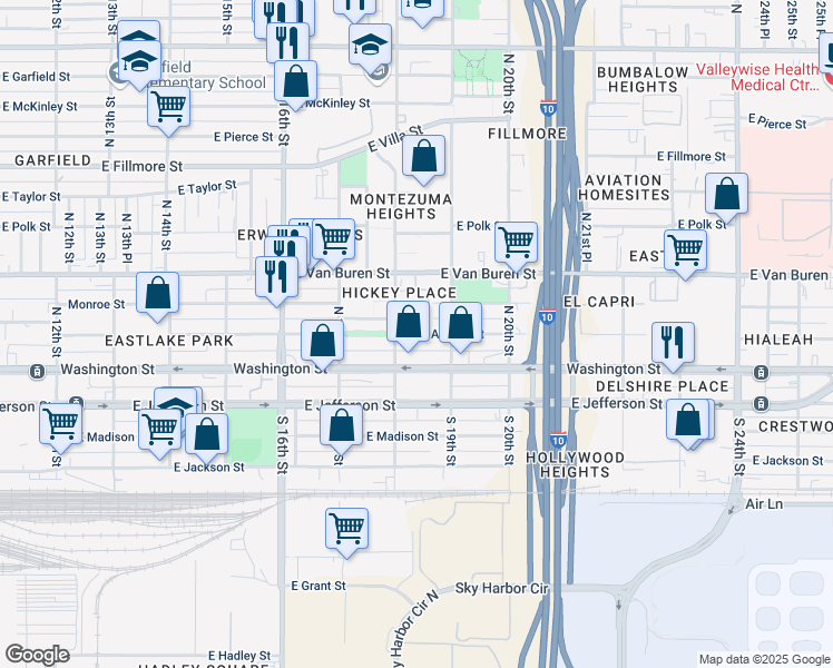 map of restaurants, bars, coffee shops, grocery stores, and more near 1818 East Adams Street in Phoenix