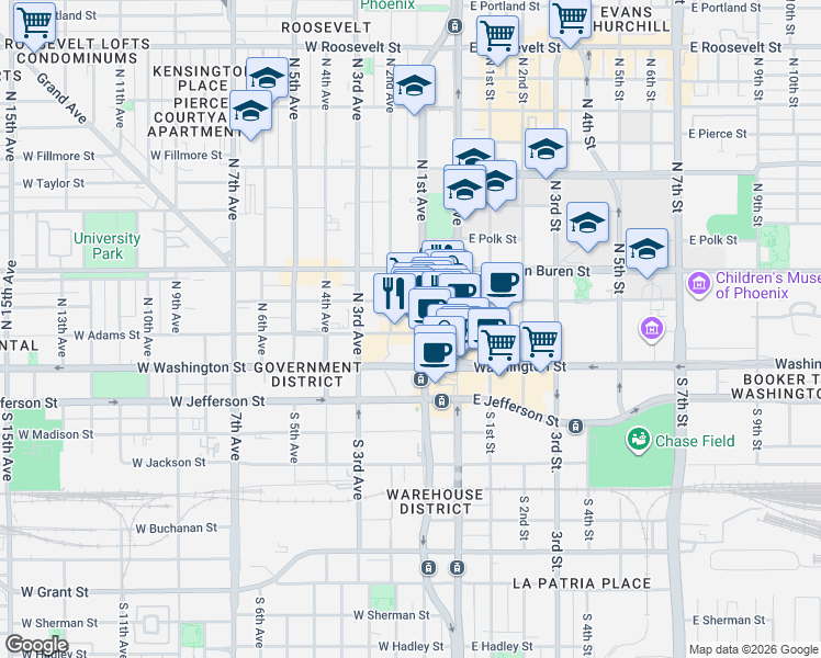 map of restaurants, bars, coffee shops, grocery stores, and more near 111 West Monroe Street in Phoenix