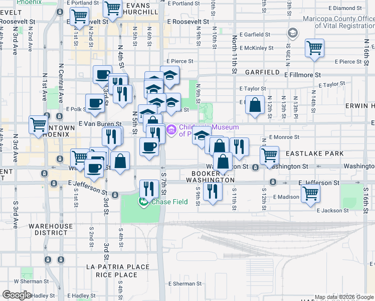 map of restaurants, bars, coffee shops, grocery stores, and more near 101 North 7th Street in Phoenix