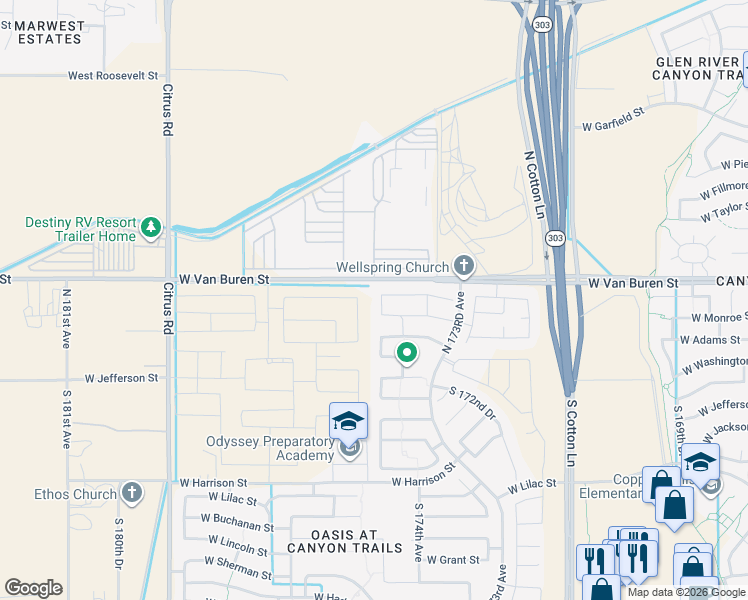 map of restaurants, bars, coffee shops, grocery stores, and more near 17470 West Woodlands Avenue in Goodyear
