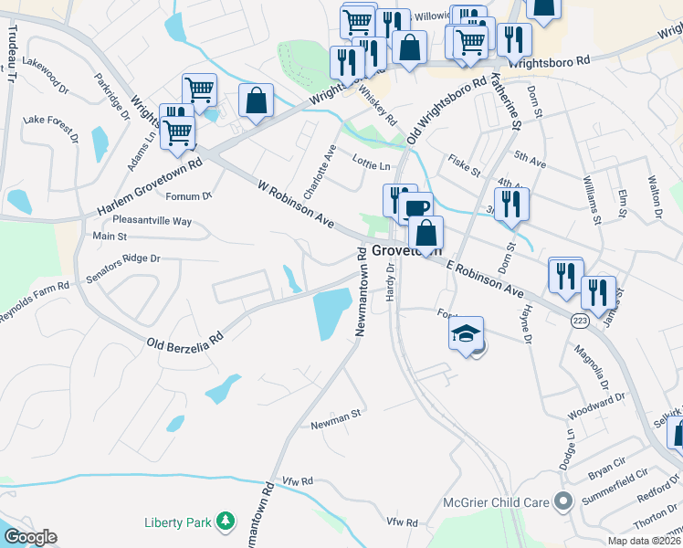 map of restaurants, bars, coffee shops, grocery stores, and more near 114 Old Thomson Road in Grovetown