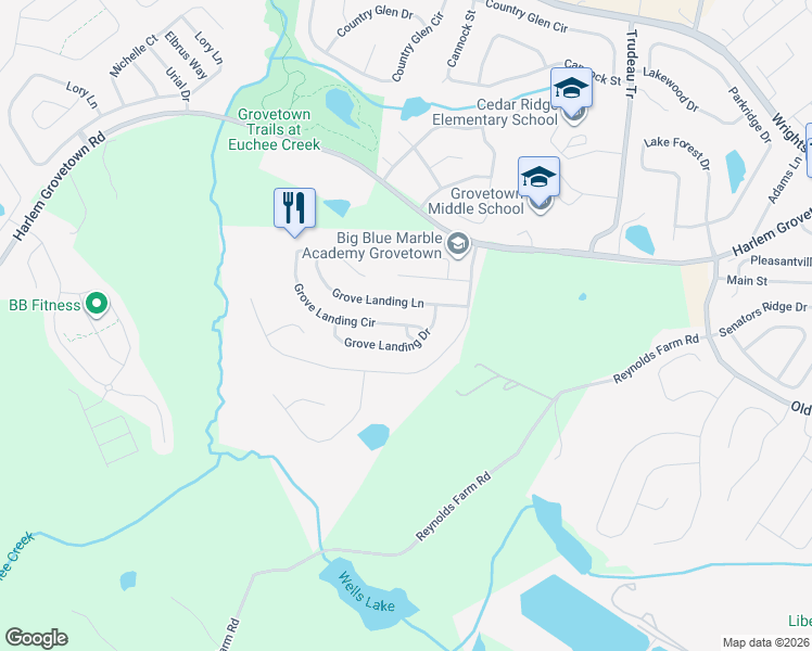 map of restaurants, bars, coffee shops, grocery stores, and more near 2128 Grove Landing Circle in Grovetown