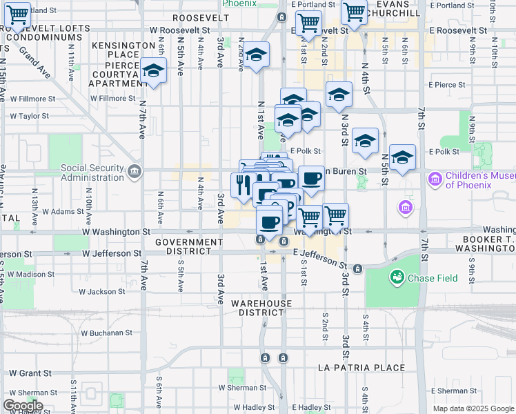 map of restaurants, bars, coffee shops, grocery stores, and more near 111 West Monroe Street in Phoenix