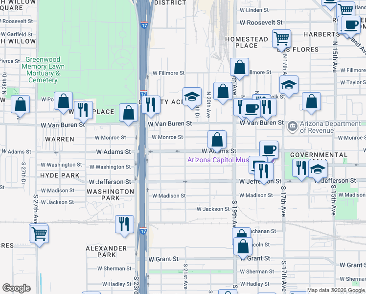 map of restaurants, bars, coffee shops, grocery stores, and more near 2039 West Monroe Street in Phoenix