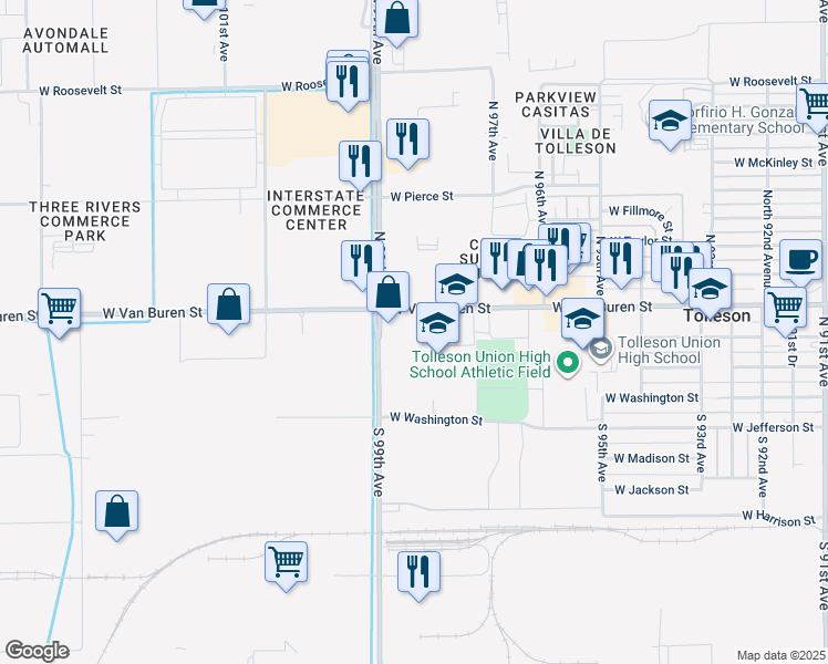 map of restaurants, bars, coffee shops, grocery stores, and more near 9701 West Van Buren Street in Tolleson
