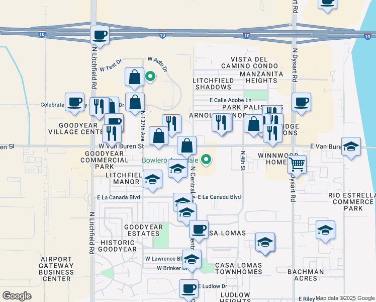 map of restaurants, bars, coffee shops, grocery stores, and more near 13524 West Van Buren Street in Goodyear