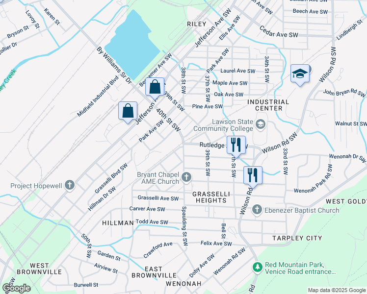 map of restaurants, bars, coffee shops, grocery stores, and more near Mineral Avenue Southwest in Birmingham