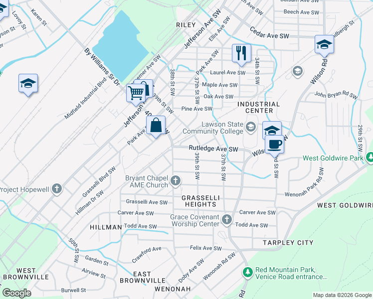 map of restaurants, bars, coffee shops, grocery stores, and more near 3931 Mineral Avenue in Birmingham
