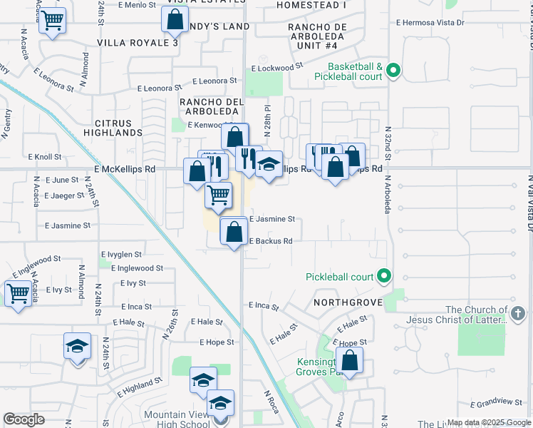 map of restaurants, bars, coffee shops, grocery stores, and more near 2844 East Jasmine Street in Mesa