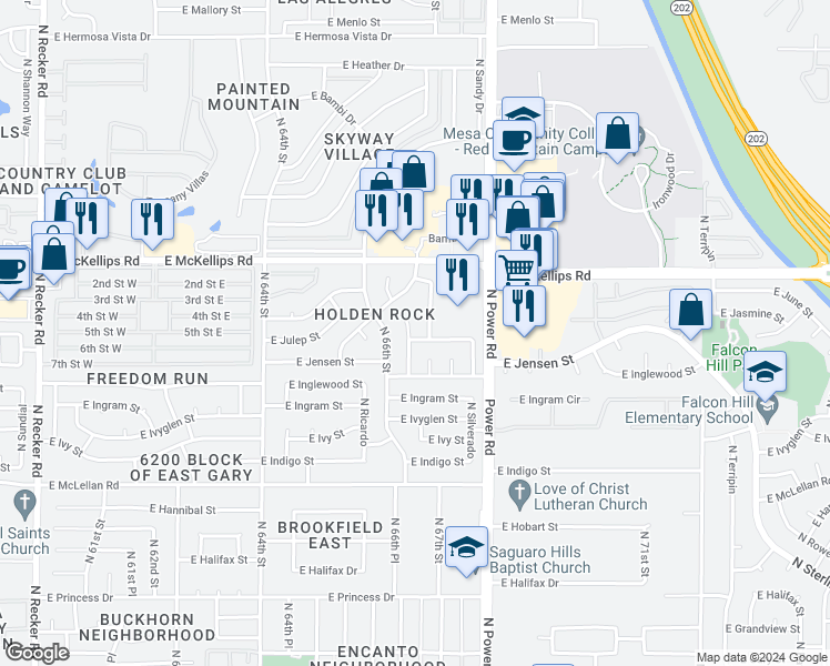 map of restaurants, bars, coffee shops, grocery stores, and more near 1841 North Saffron Circle in Mesa