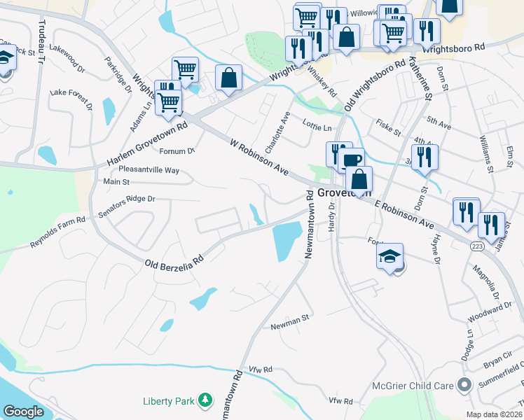 map of restaurants, bars, coffee shops, grocery stores, and more near 1199 Lakeside Drive in Grovetown