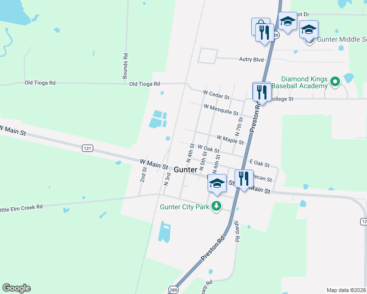 map of restaurants, bars, coffee shops, grocery stores, and more near 303 North 4th Street in Gunter