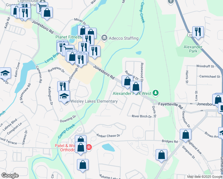 map of restaurants, bars, coffee shops, grocery stores, and more near 643 Beaver Run Trce in McDonough