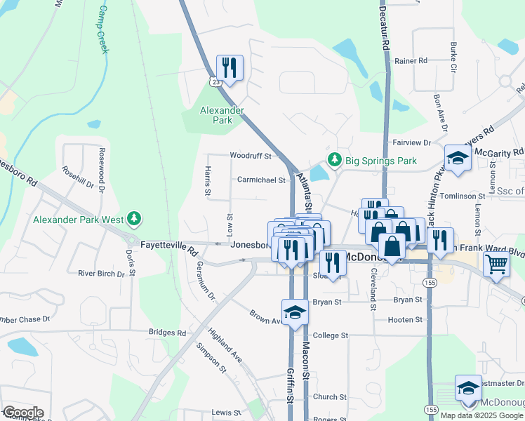 map of restaurants, bars, coffee shops, grocery stores, and more near 13 Brannan Street in McDonough