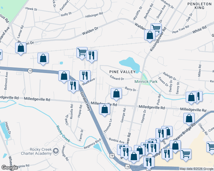 map of restaurants, bars, coffee shops, grocery stores, and more near 2741 Barry Drive in Augusta
