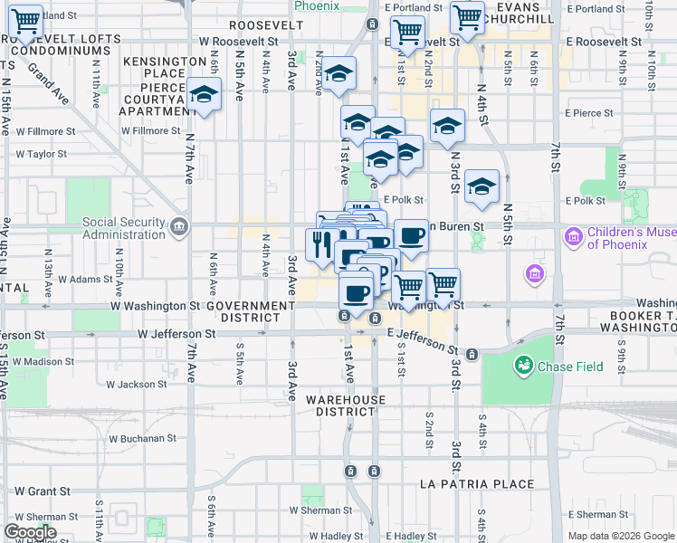 map of restaurants, bars, coffee shops, grocery stores, and more near 111 West Monroe Street in Phoenix
