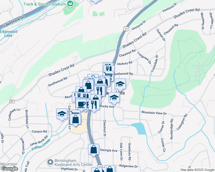 map of restaurants, bars, coffee shops, grocery stores, and more near 557 Montgomery Hwy in Vestavia Hills