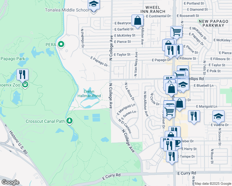 map of restaurants, bars, coffee shops, grocery stores, and more near 323 East Bluebell Lane in Tempe