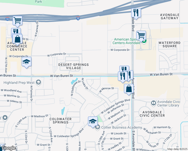 map of restaurants, bars, coffee shops, grocery stores, and more near West Van Buren Street in Avondale