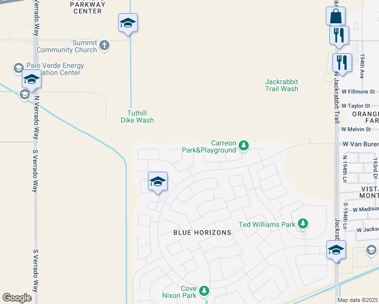 map of restaurants, bars, coffee shops, grocery stores, and more near 20072 West Woodlands Avenue in Buckeye