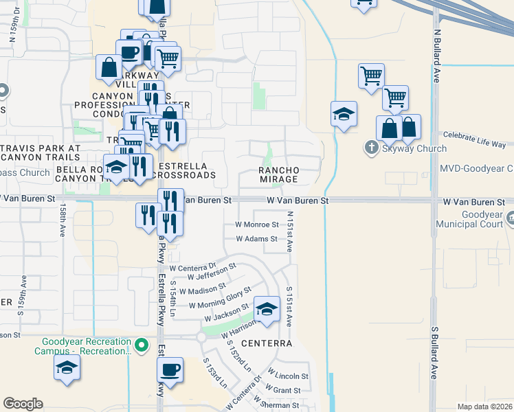 map of restaurants, bars, coffee shops, grocery stores, and more near 15147 West Melvin Street in Goodyear