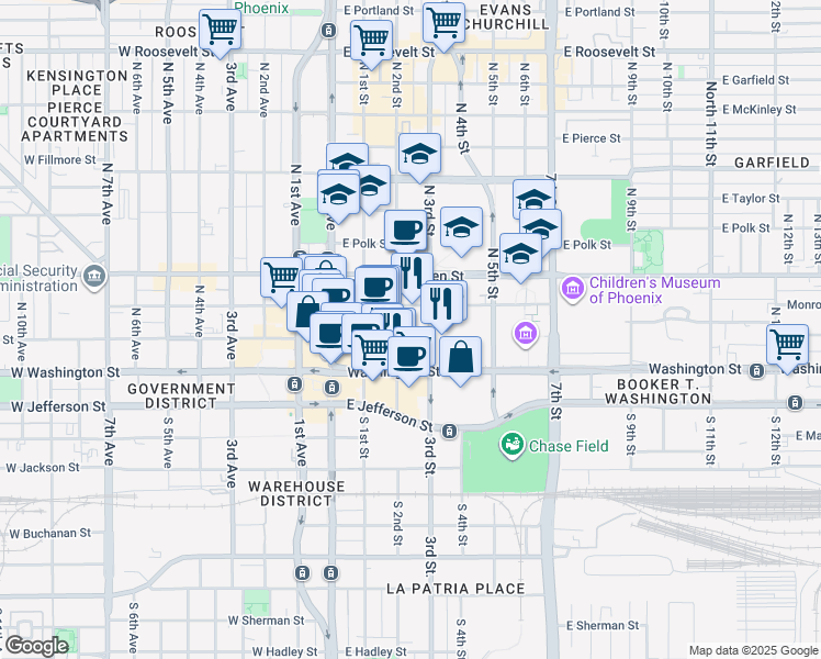 map of restaurants, bars, coffee shops, grocery stores, and more near 111 North 3rd Street in Phoenix