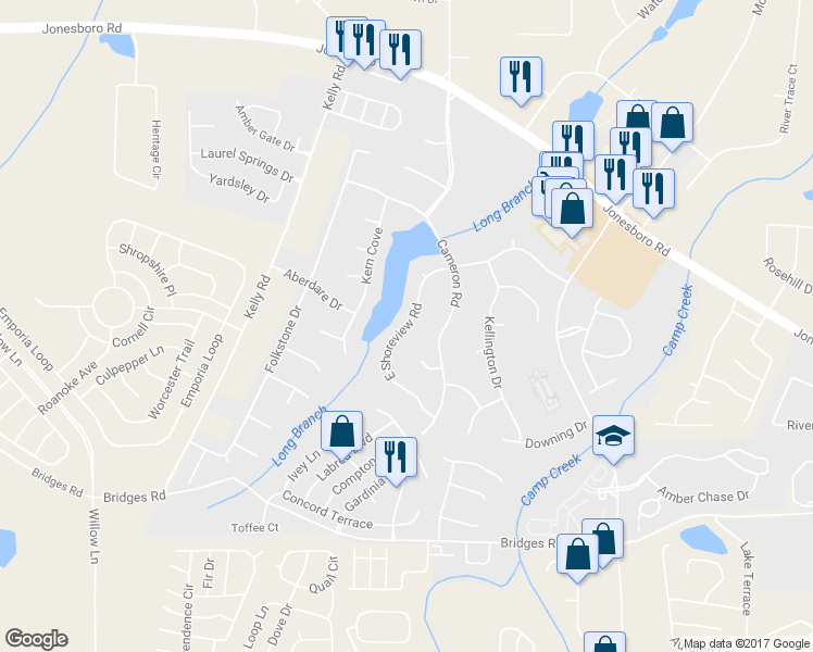 map of restaurants, bars, coffee shops, grocery stores, and more near East Shoreview Road in McDonough