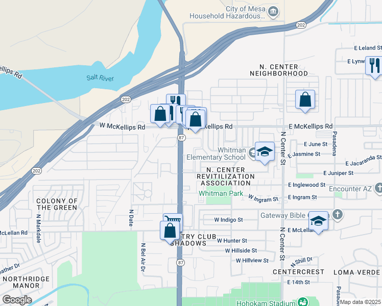 map of restaurants, bars, coffee shops, grocery stores, and more near 1903 North Country Club Drive in Mesa