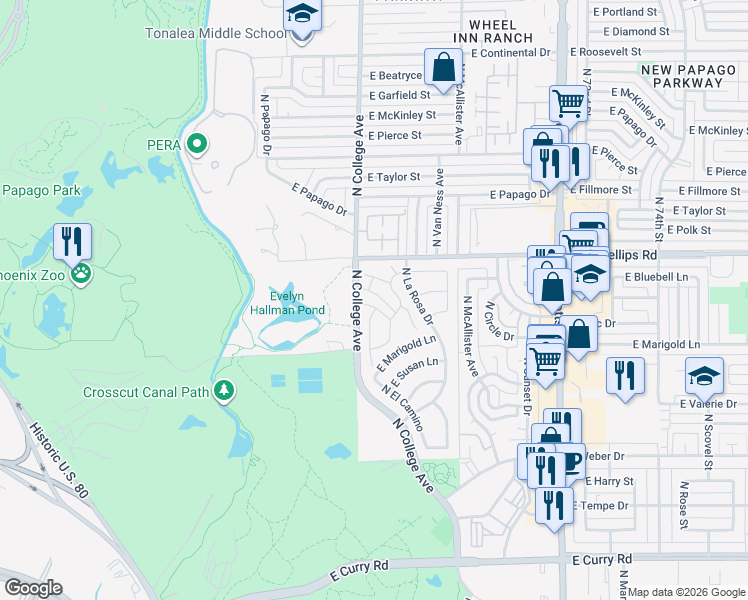 map of restaurants, bars, coffee shops, grocery stores, and more near 323 East Bluebell Lane in Tempe