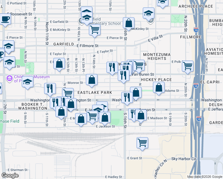 map of restaurants, bars, coffee shops, grocery stores, and more near 120 North 15th Street in Phoenix