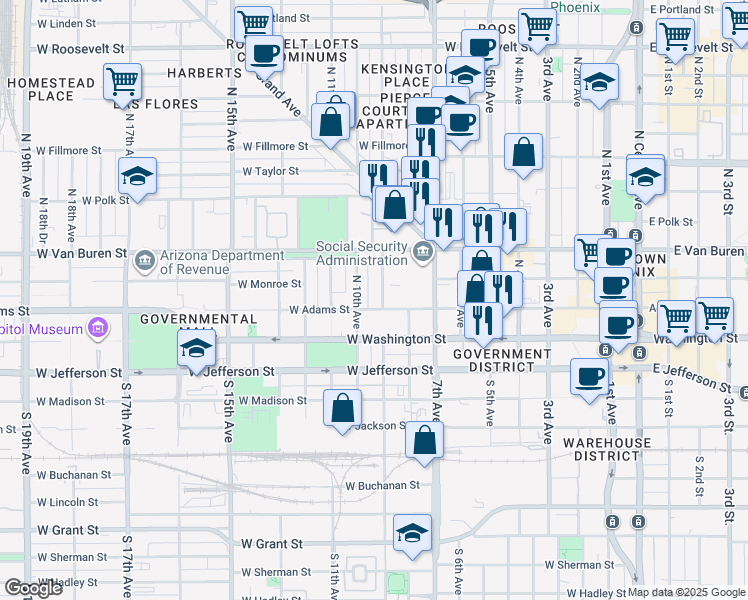 map of restaurants, bars, coffee shops, grocery stores, and more near 850 West Adams Street in Phoenix