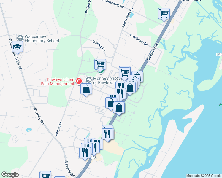 map of restaurants, bars, coffee shops, grocery stores, and more near 27 Pond View Drive in Pawleys Island