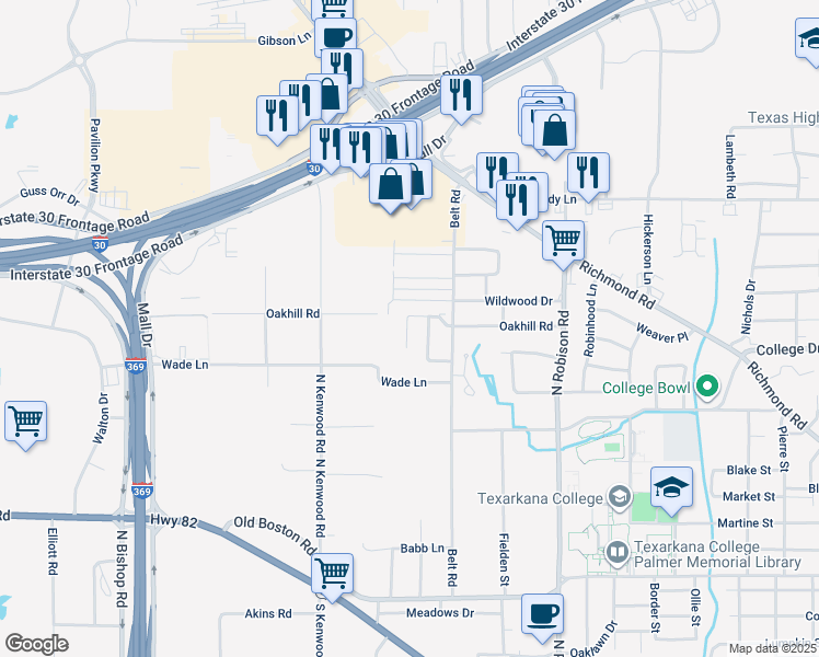 map of restaurants, bars, coffee shops, grocery stores, and more near 205-207 Cheyenne Place in Texarkana