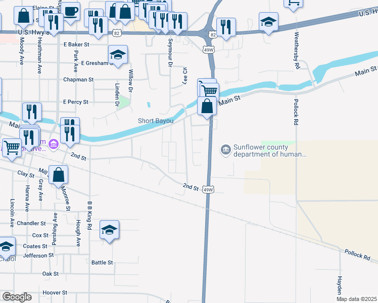 map of restaurants, bars, coffee shops, grocery stores, and more near Baird Avenue in Indianola