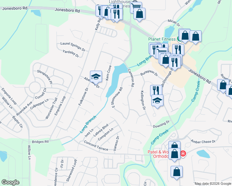 map of restaurants, bars, coffee shops, grocery stores, and more near 1120 East Shoreview Road in McDonough