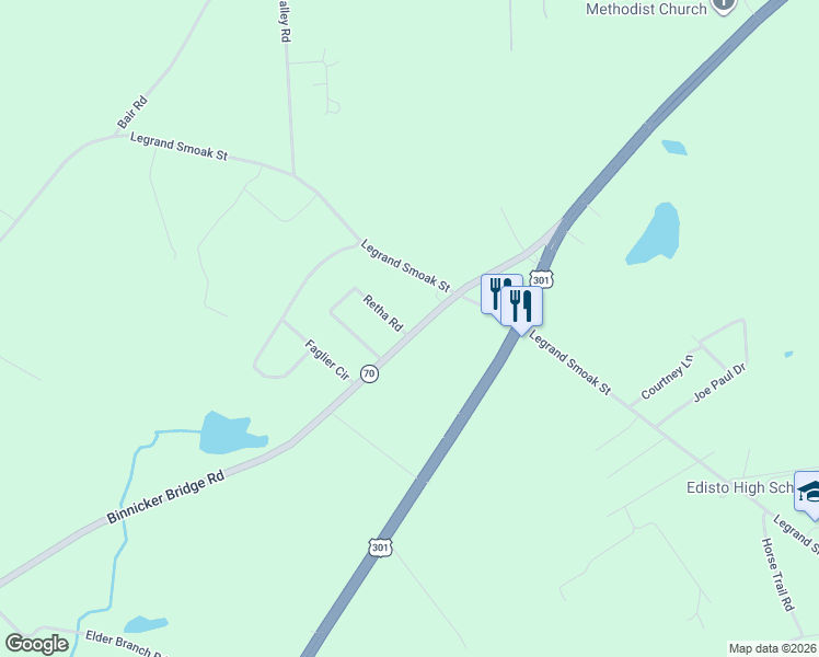 map of restaurants, bars, coffee shops, grocery stores, and more near 232 Binnicker Bridge Road in Orangeburg