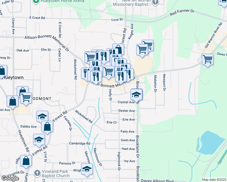 map of restaurants, bars, coffee shops, grocery stores, and more near 107 Holly Street in Hueytown