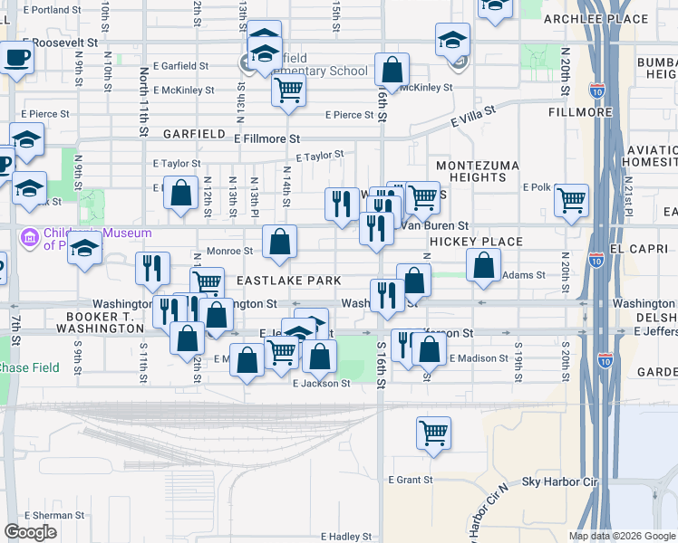 map of restaurants, bars, coffee shops, grocery stores, and more near 120 North 15th Street in Phoenix