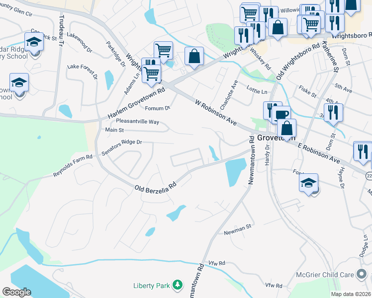 map of restaurants, bars, coffee shops, grocery stores, and more near 938 Arbor Springs Circle in Grovetown