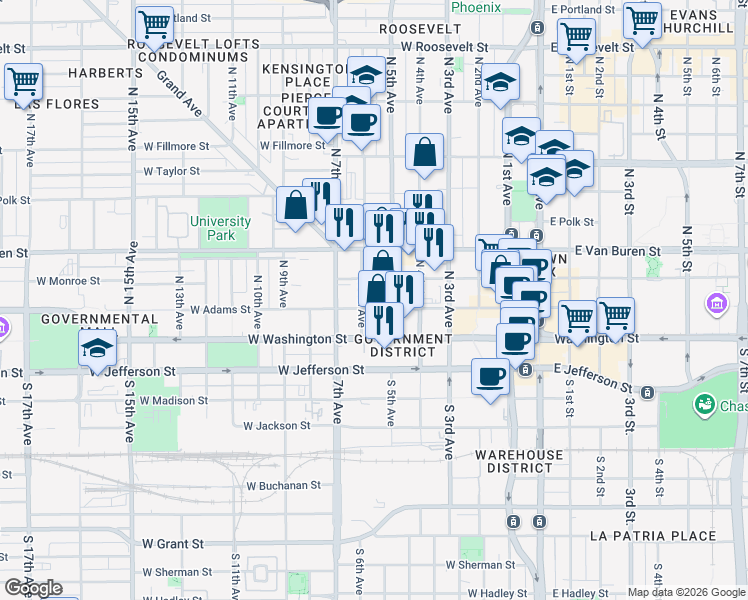 map of restaurants, bars, coffee shops, grocery stores, and more near 617 West Monroe Street in Phoenix