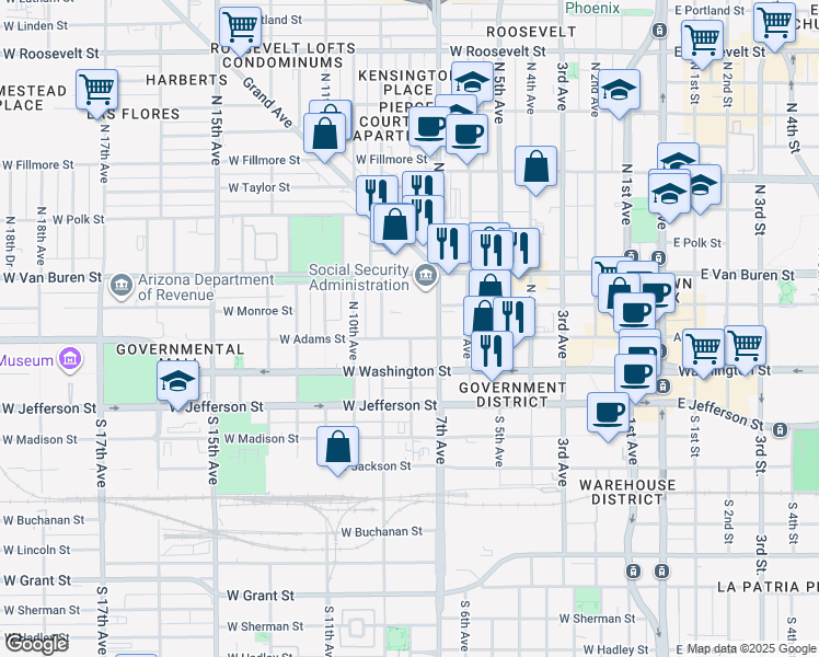 map of restaurants, bars, coffee shops, grocery stores, and more near 100 North 7th Avenue in Phoenix