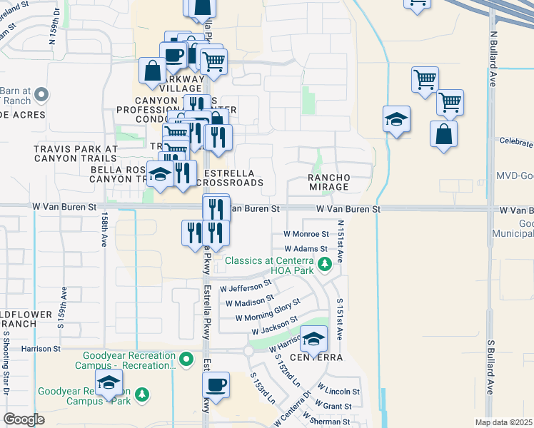 map of restaurants, bars, coffee shops, grocery stores, and more near 282 North 153rd Avenue in Goodyear
