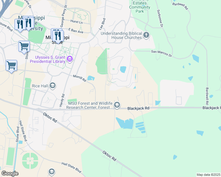 map of restaurants, bars, coffee shops, grocery stores, and more near 104 Mary Lee Lane in Starkville