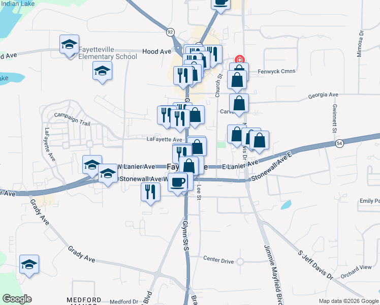 map of restaurants, bars, coffee shops, grocery stores, and more near 147 Glynn Street North in Fayetteville