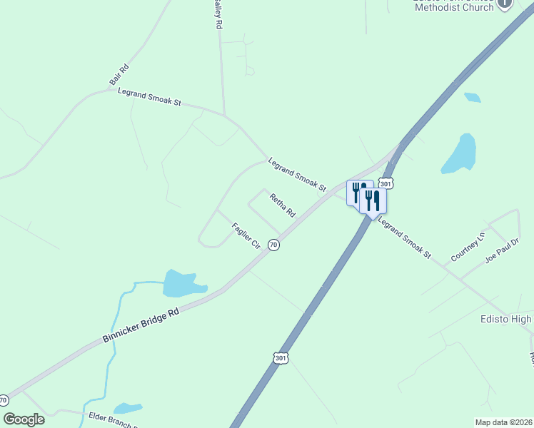 map of restaurants, bars, coffee shops, grocery stores, and more near 180 Retha Road in Orangeburg