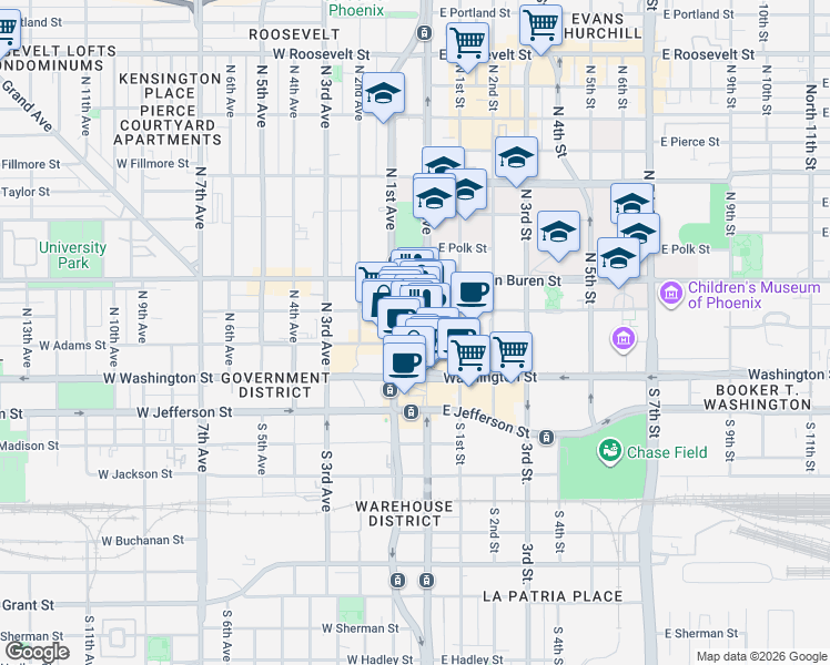 map of restaurants, bars, coffee shops, grocery stores, and more near 130 North Central Avenue in Phoenix