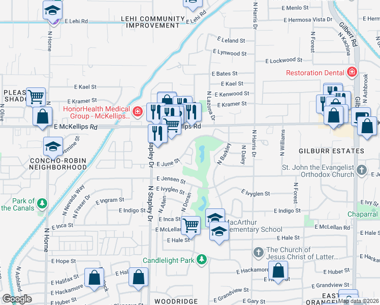 map of restaurants, bars, coffee shops, grocery stores, and more near 1335 East June Street in Mesa