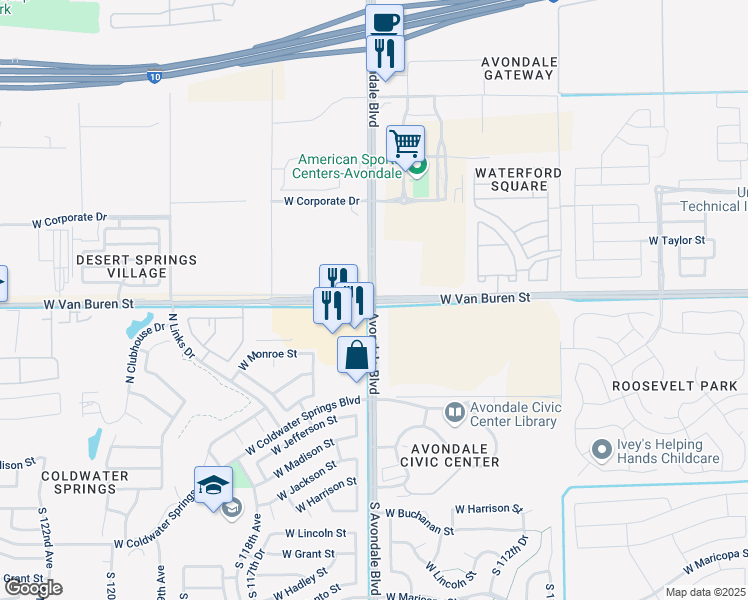 map of restaurants, bars, coffee shops, grocery stores, and more near W Van Buren St & N 115th Ave in Avondale