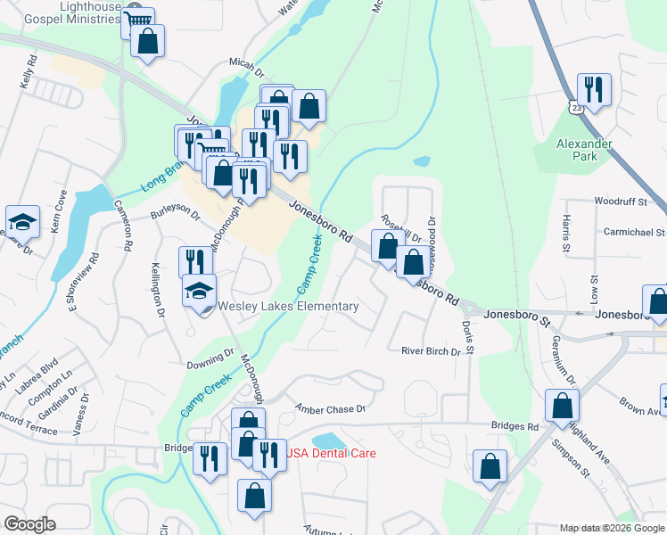 map of restaurants, bars, coffee shops, grocery stores, and more near 647 Beaver Run Trce in McDonough